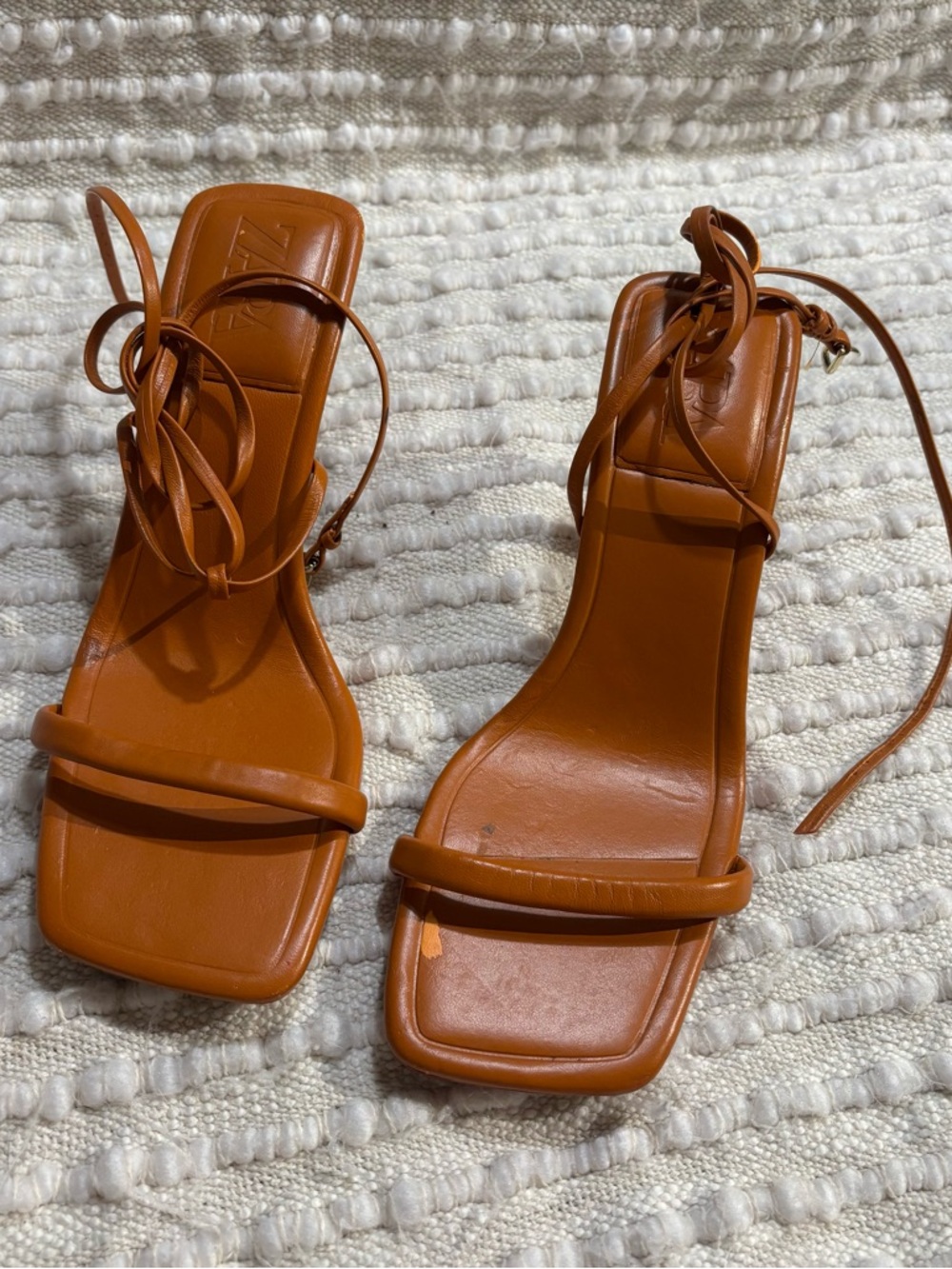 Zara Tan Lace-Up Square Toe Heeled Sandals